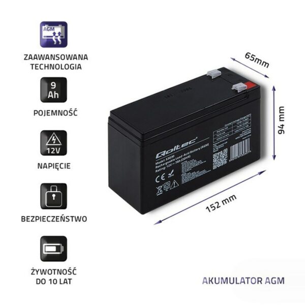 Batterie für Unterbrechungsfreies Stromversorgungssystem USV Qoltec 53031 9 Ah 12 V – Bild 2