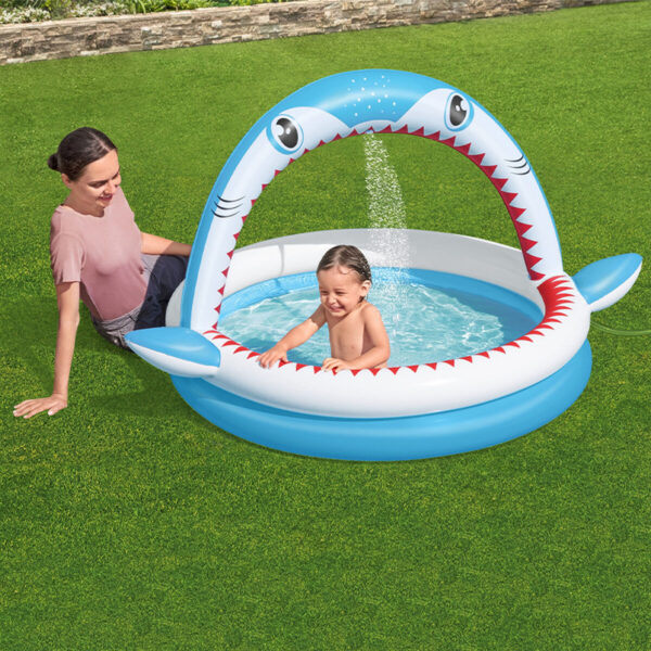 Bestway Aufblasbares Kinderbecken 2 Ringe Haifisch Sprinkler 163x127x92 cm +2 Jahre Garten 53157 – Bild 3