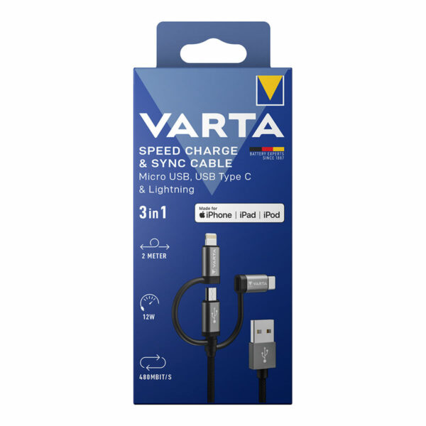 USB-Kabel Varta 2 m Schwarz 3 in 1 USB-C Mikro USB Lightning – Bild 2