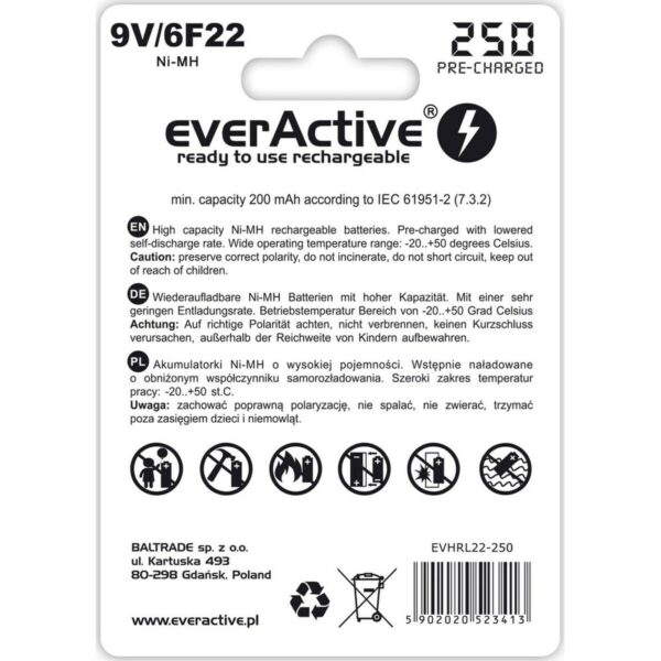 Akkus EverActive EVHRL22-250 6F22 200 mAh 9 V – Bild 2