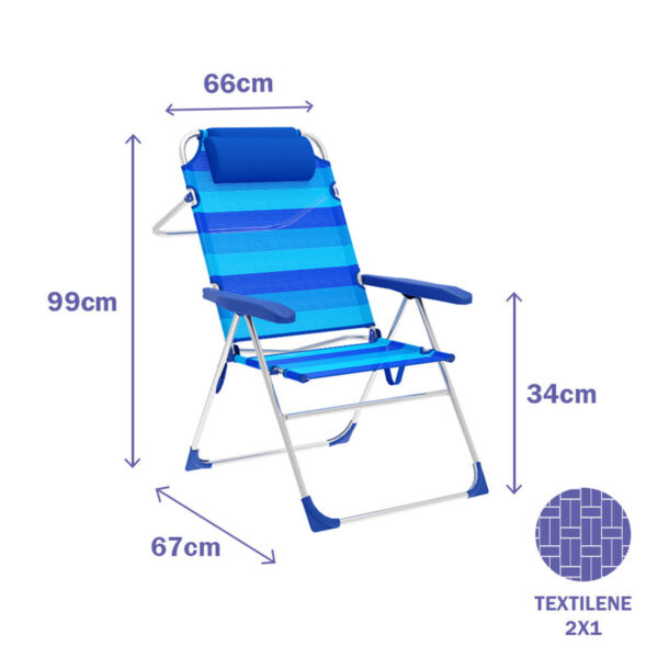 Marbueno Klappstuhl 5 Positionen Aluminium mit Kissen Streifen Blau Strand und Pool 67X66X99 cm 10246 – Bild 2