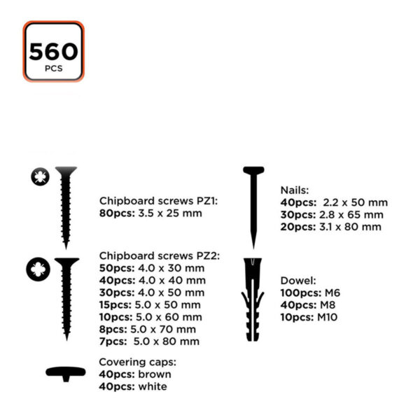 Set von Schrauben, Dübeln und Nägeln Black & Decker 560 Stücke – Bild 3