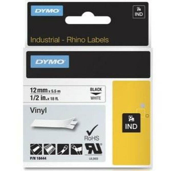 Laminiertes Klebeband zur Kennzeichnung von Maschinen Rhino Dymo ID1-12 12 x 5,5 mm Schwarz Weiß Vinyl Selbstklebend (5 Stück) – Bild 2